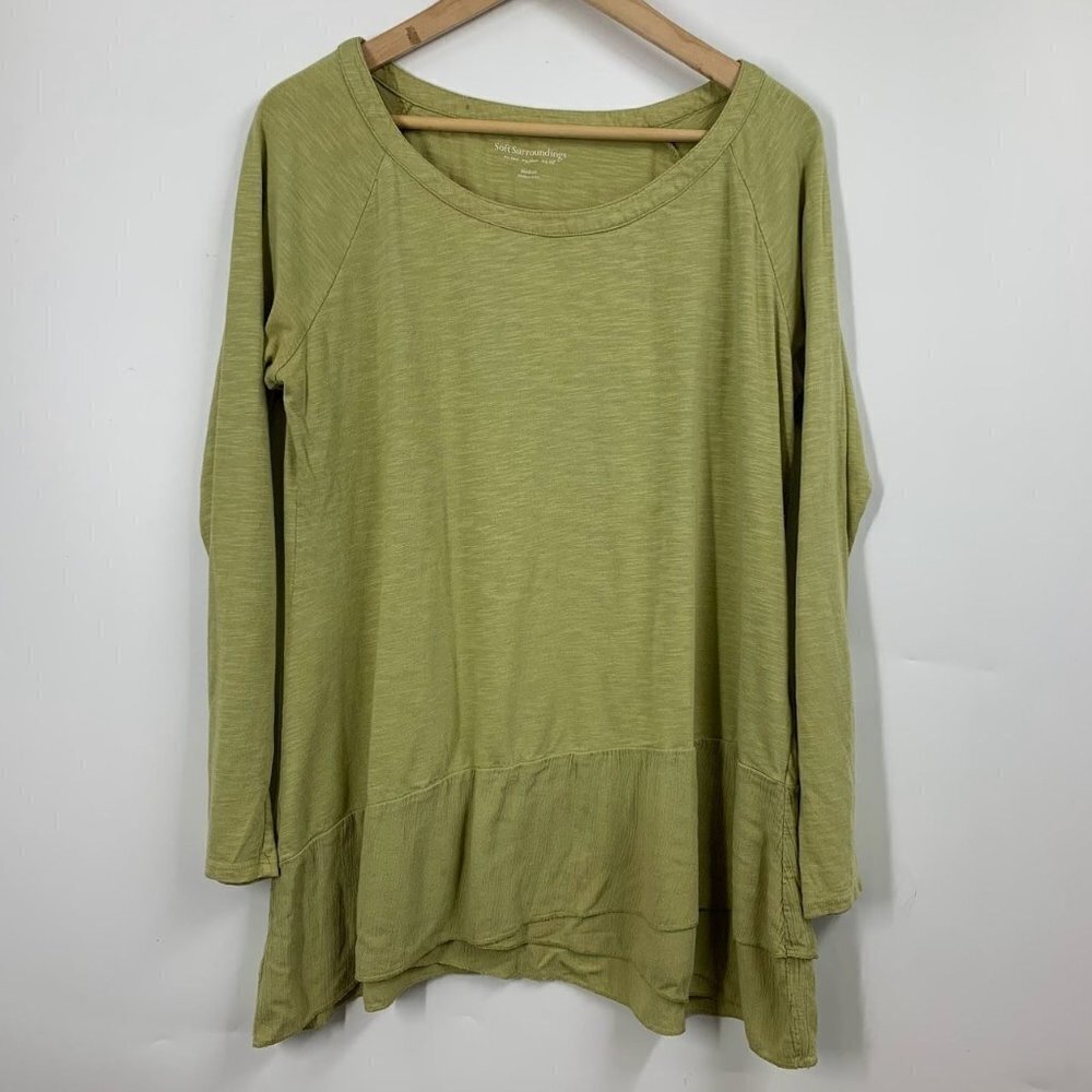 Soft Surroundings Women's Green‎ Cotton Blend Ruffled Layered Hem Tunic Top SZ M